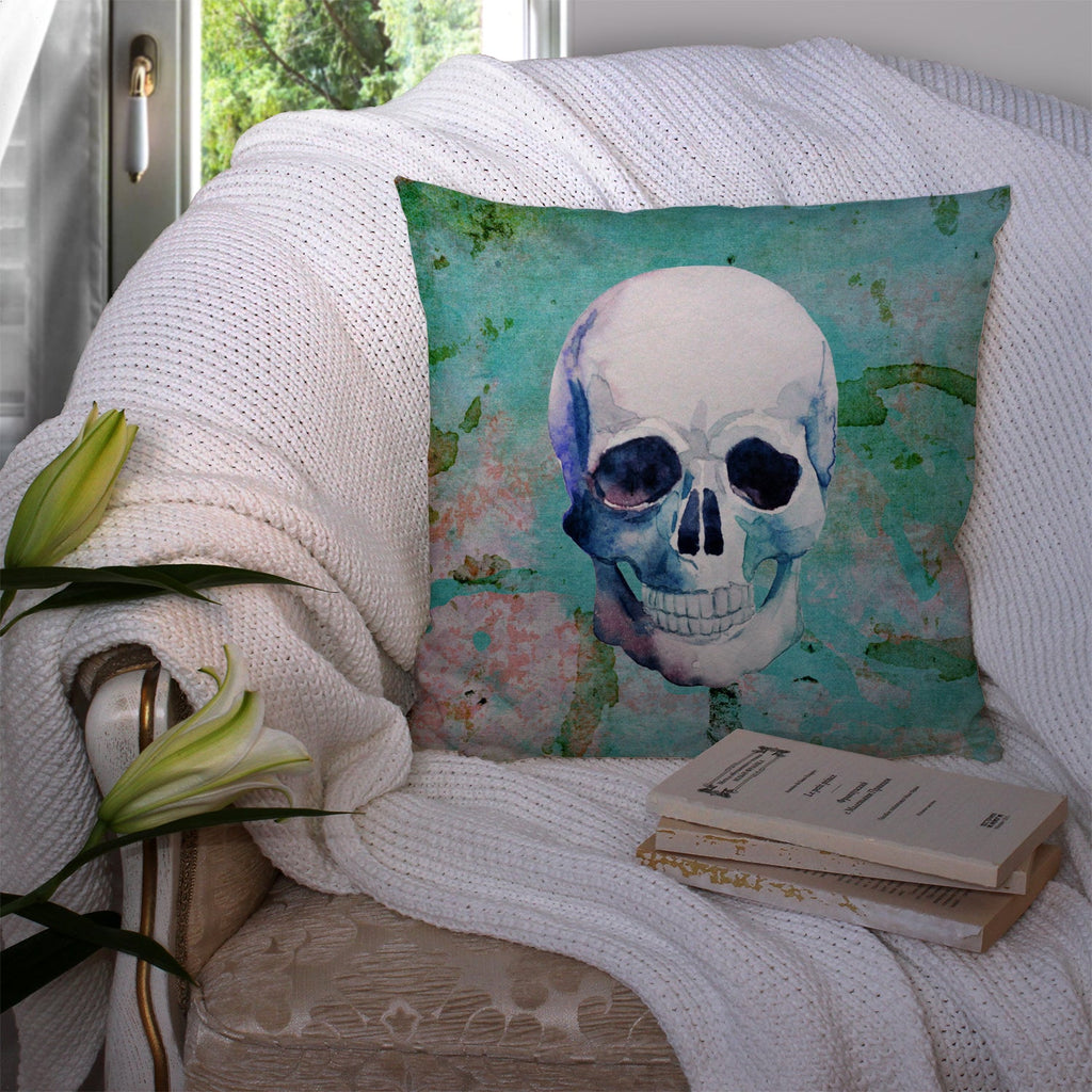 Day of the Dead Teal Skull Decorative Throw Pillow 14x14 Indoor Outdoor Accent Cushion, Fabric Cover with Insert for Sofa, Bed, Porch & Living Room