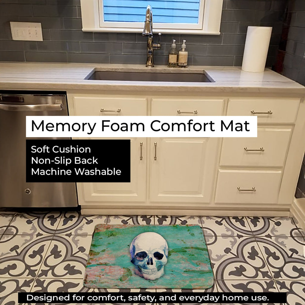 Day of the Dead Teal Skull Memory Foam Kitchen Mat Machine Washable Anti-Fatigue Cushion Comfort Bath or Kitchen Rug