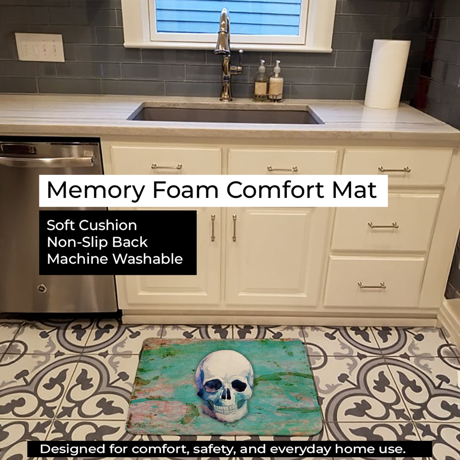 Day of the Dead Teal Skull Memory Foam Kitchen Mat Machine Washable Anti-Fatigue Cushion Comfort Bath or Kitchen Rug