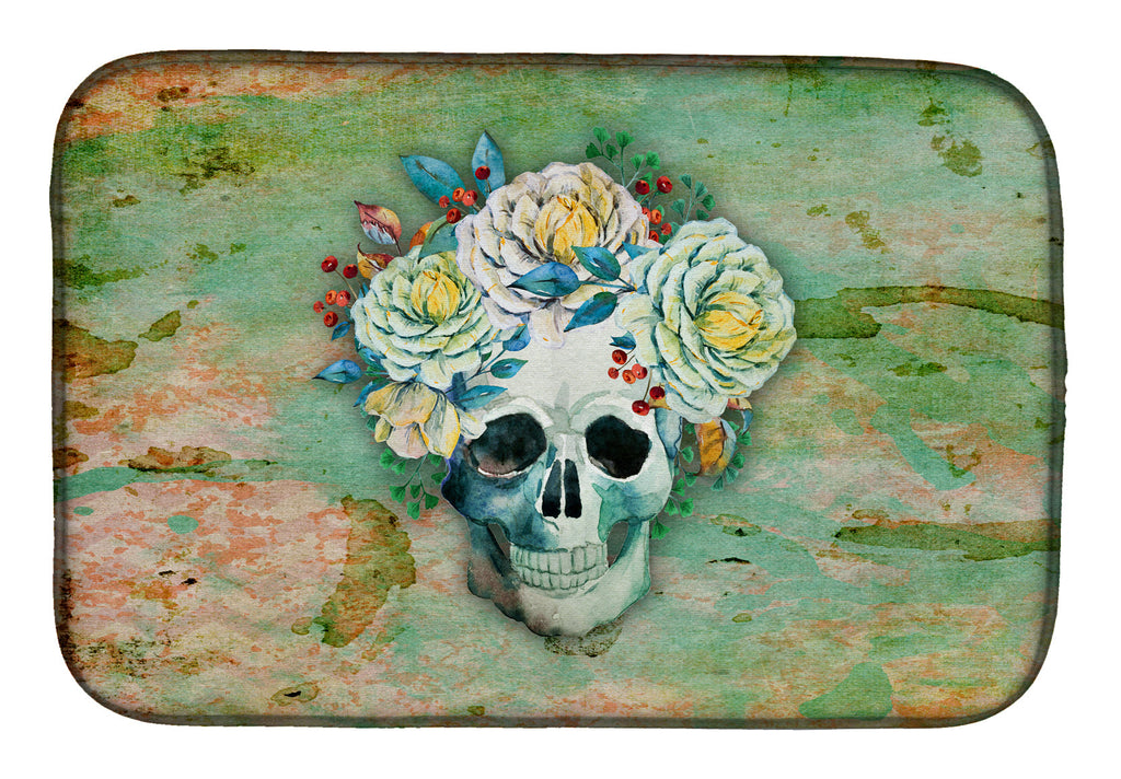Day of the Dead Skull with Flowers Dish Drying Mat Absorbent Dish Drying Mat Pad for Kitchen Counter Dish Drainer Mat for Countertop, 14 x 21", Multicolor