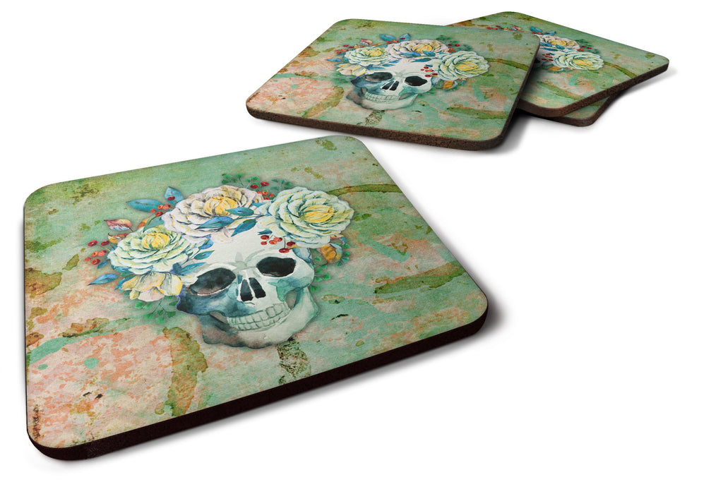 Day of the Dead Skull with Flowers Foam Coasters Set of 4 Cup Coasters for Indoor Outdoor, Tabletop Protection, Anti Slip, Mouse pad Material