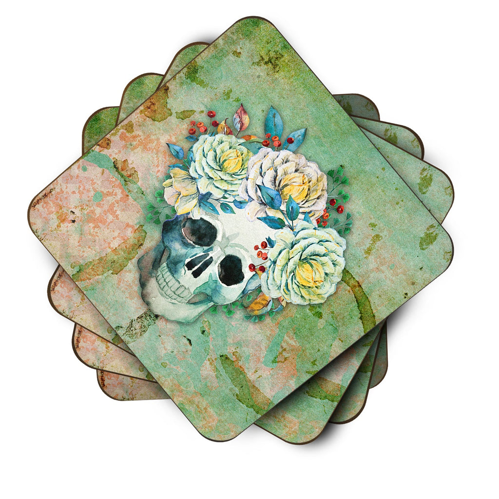 Day of the Dead Skull with Flowers Foam Coasters Set of 4 Cup Coasters for Indoor Outdoor, Tabletop Protection, Anti Slip, Mouse pad Material