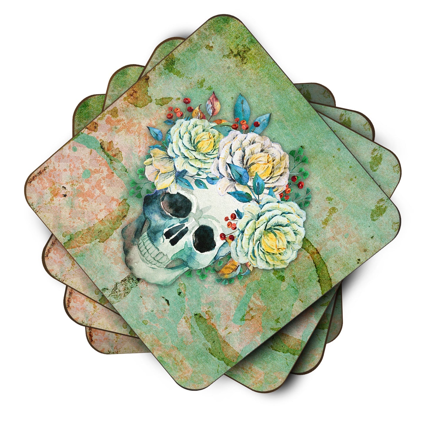 Day of the Dead Skull with Flowers Foam Coasters Set of 4 Cup Coasters for Indoor Outdoor, Tabletop Protection, Anti Slip, Mouse pad Material