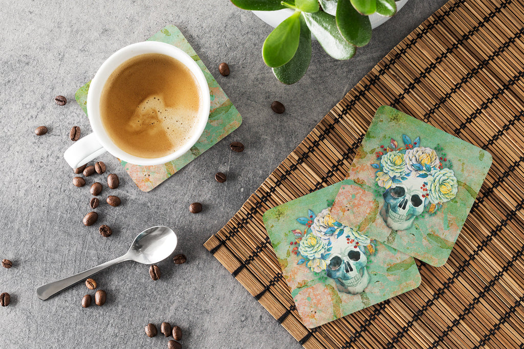 Day of the Dead Skull with Flowers Foam Coasters Set of 4 Cup Coasters for Indoor Outdoor, Tabletop Protection, Anti Slip, Mouse pad Material