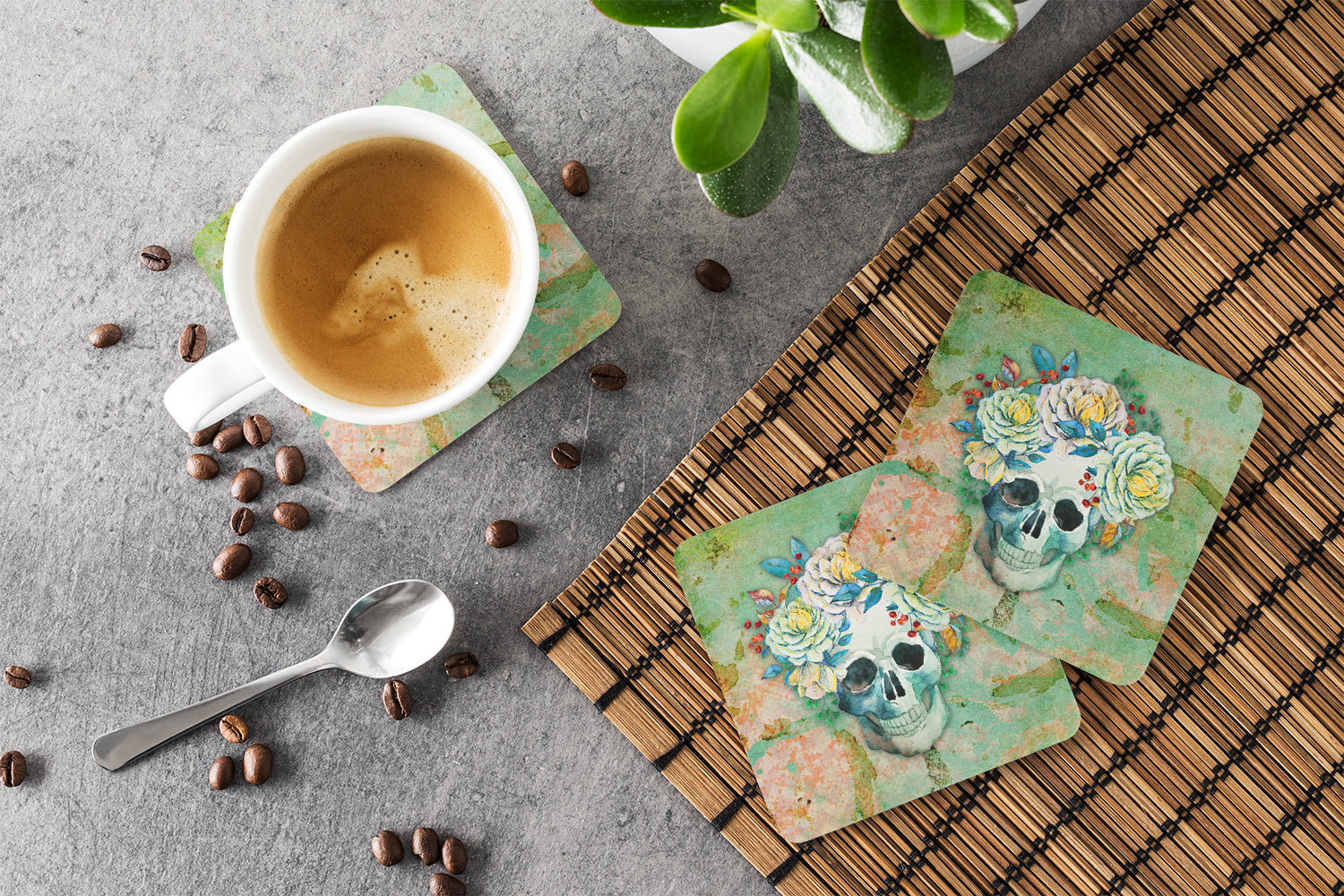 Day of the Dead Skull with Flowers Foam Coasters Set of 4 Cup Coasters for Indoor Outdoor, Tabletop Protection, Anti Slip, Mouse pad Material