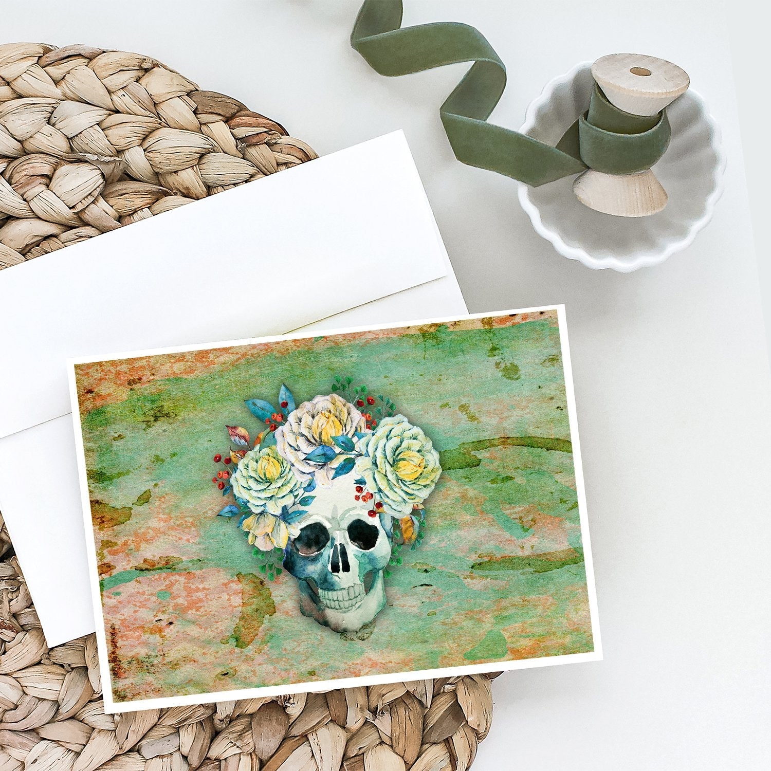 Day of the Dead Skull with Flowers Greeting Cards Pack of 8 Blank Cards with Envelopes Whimsical A7 Size 5x7