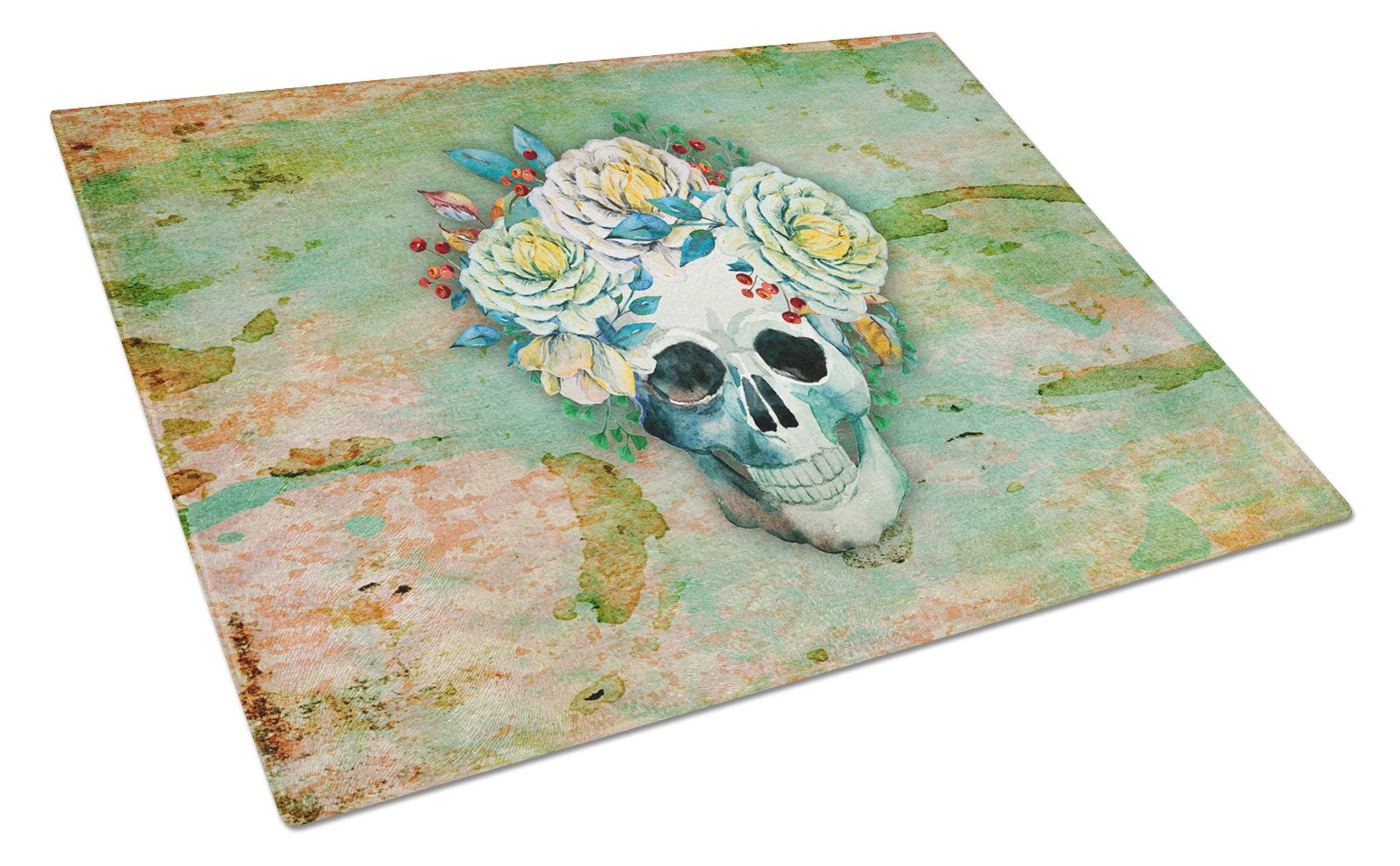 Day of the Dead Skull with Flowers Cutting Board Tempered Glass Kitchen Cutting Surface, Heat Resistant Chopping, Non-Slip Feet, Food Prep & Serving