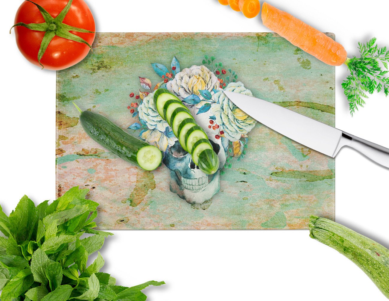 Day of the Dead Skull with Flowers Cutting Board Tempered Glass Kitchen Cutting Surface, Heat Resistant Chopping, Non-Slip Feet, Food Prep & Serving