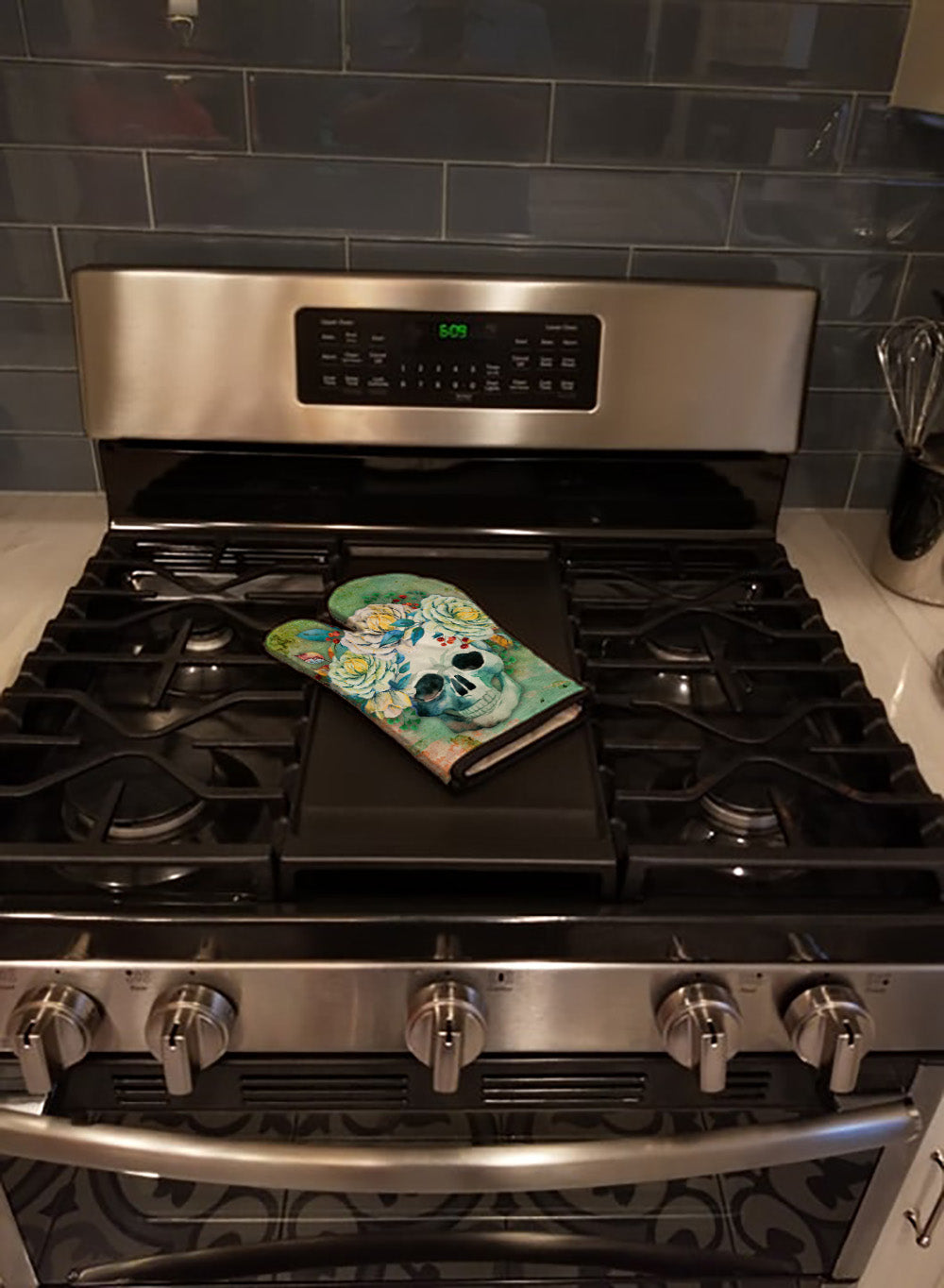Day of the Dead Skull with Flowers Oven Mitt Heat Resistant Thick Oven Mitt for Hot Pans and Oven, Kitchen Mitt Protect Hands, Cooking Baking Glove
