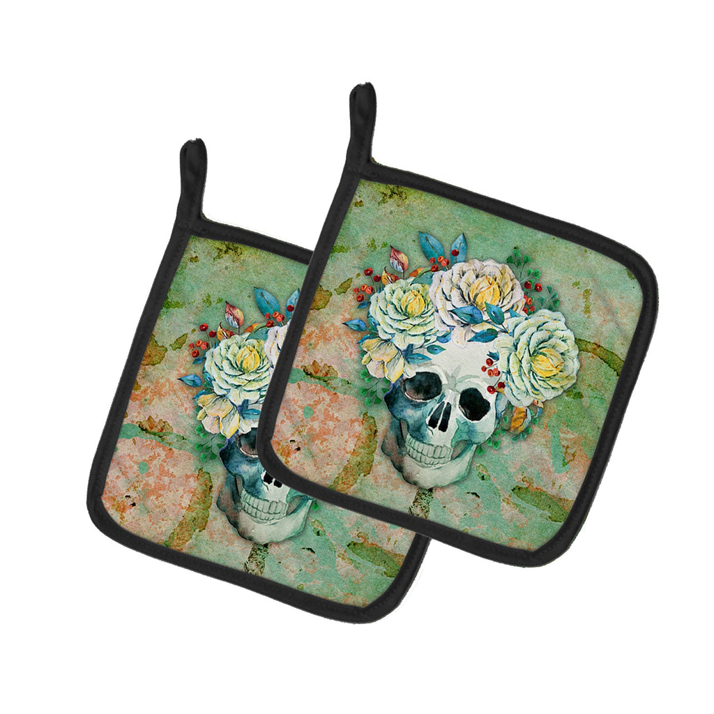 Day of the Dead Skull with Flowers Pot Holder Set of 2 Heat Resistant Quilted Hot Pads 7.5 x 7.5 Inch, Insulated Kitchen Trivets for Cooking & Baking