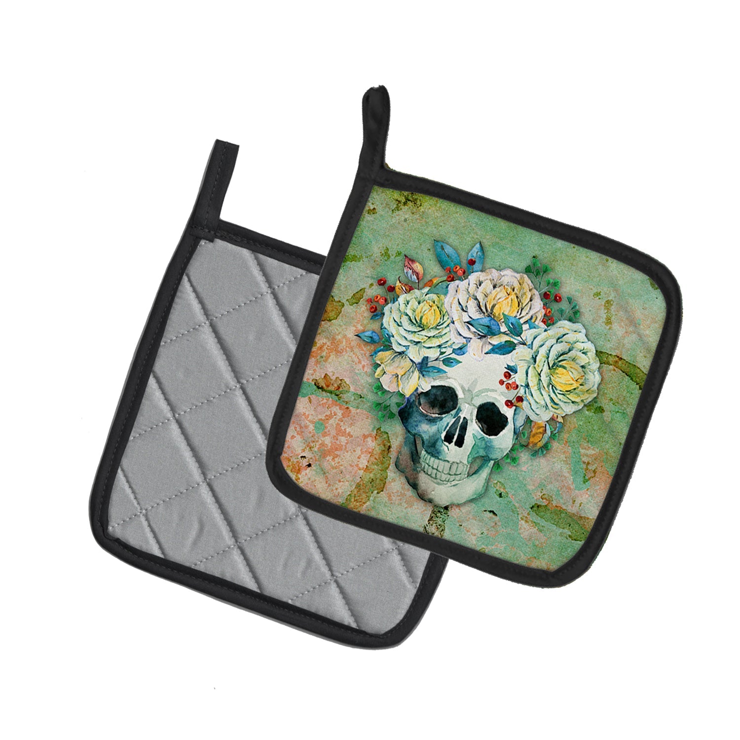 Day of the Dead Skull with Flowers Pot Holder Set of 2 Heat Resistant Quilted Hot Pads 7.5 x 7.5 Inch, Insulated Kitchen Trivets for Cooking & Baking