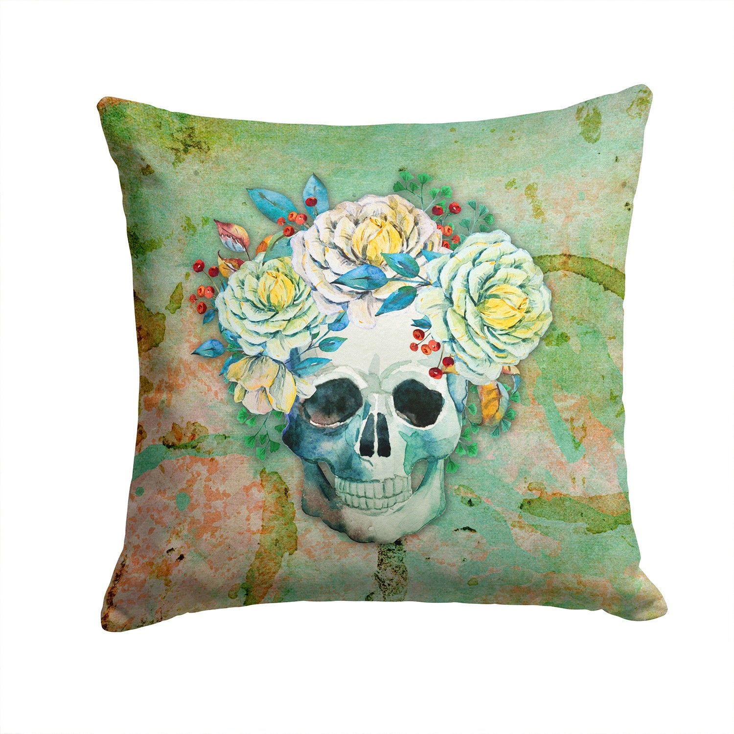 Day of the Dead Skull with Flowers Decorative Throw Pillow 14x14 Indoor Outdoor Accent Cushion, Fabric Cover with Insert for Sofa, Bed, Porch & Living Room