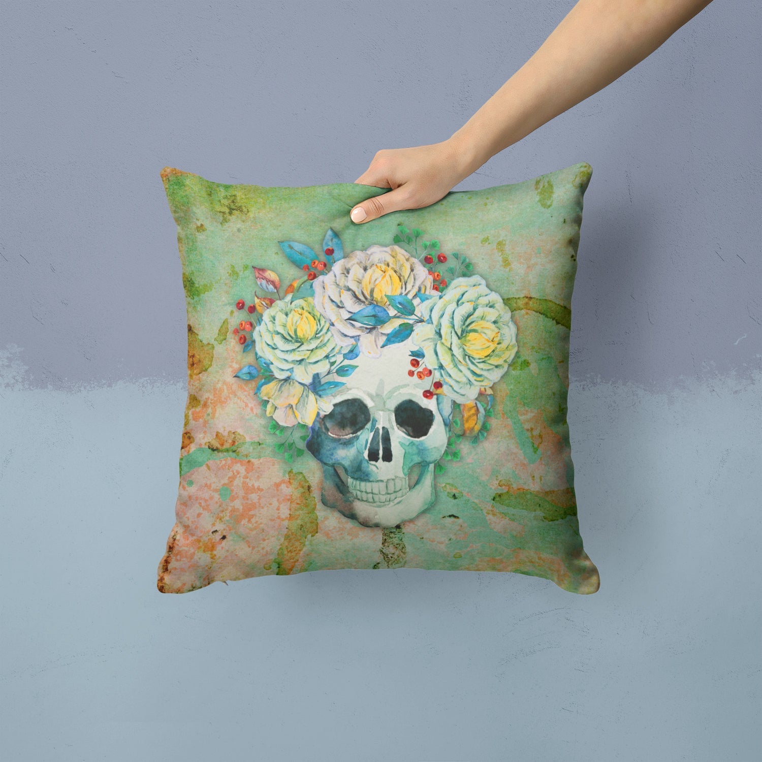 Day of the Dead Skull with Flowers Decorative Throw Pillow 14x14 Indoor Outdoor Accent Cushion, Fabric Cover with Insert for Sofa, Bed, Porch & Living Room