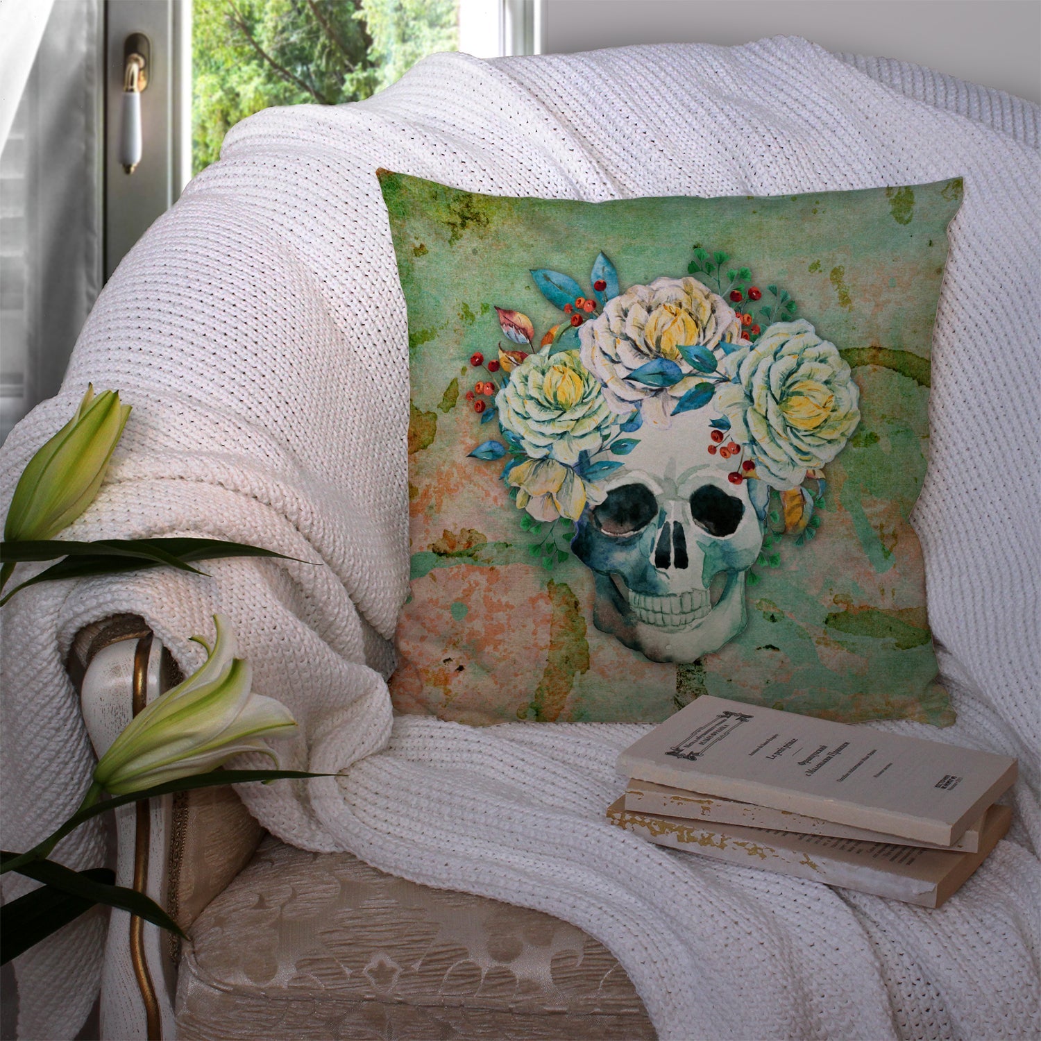 Day of the Dead Skull with Flowers Decorative Throw Pillow 14x14 Indoor Outdoor Accent Cushion, Fabric Cover with Insert for Sofa, Bed, Porch & Living Room
