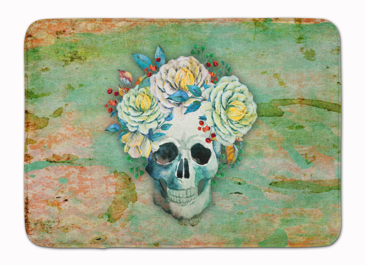 Day of the Dead Skull with Flowers Memory Foam Kitchen Mat Machine Washable Anti-Fatigue Cushion Comfort Bath or Kitchen Rug