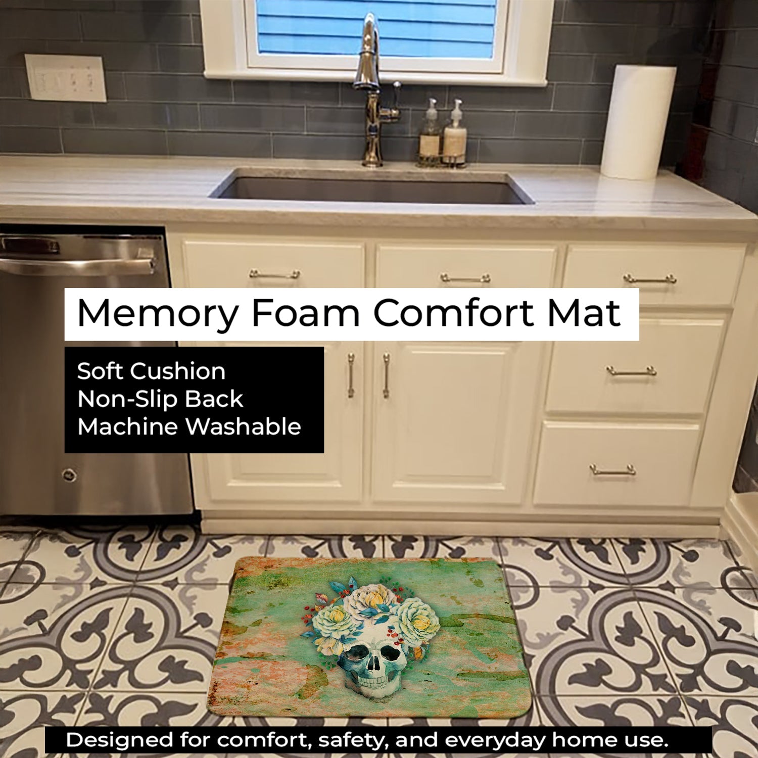 Day of the Dead Skull with Flowers Memory Foam Kitchen Mat Machine Washable Anti-Fatigue Cushion Comfort Bath or Kitchen Rug