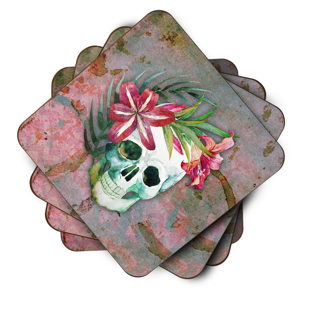 Day of the Dead Skull Flowers Foam Coasters Set of 4 Cup Coasters for Indoor Outdoor, Tabletop Protection, Anti Slip, Mouse pad Material