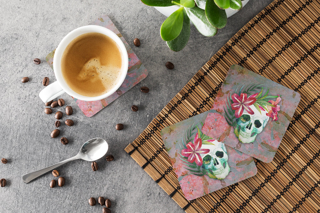 Day of the Dead Skull Flowers Foam Coasters Set of 4 Cup Coasters for Indoor Outdoor, Tabletop Protection, Anti Slip, Mouse pad Material