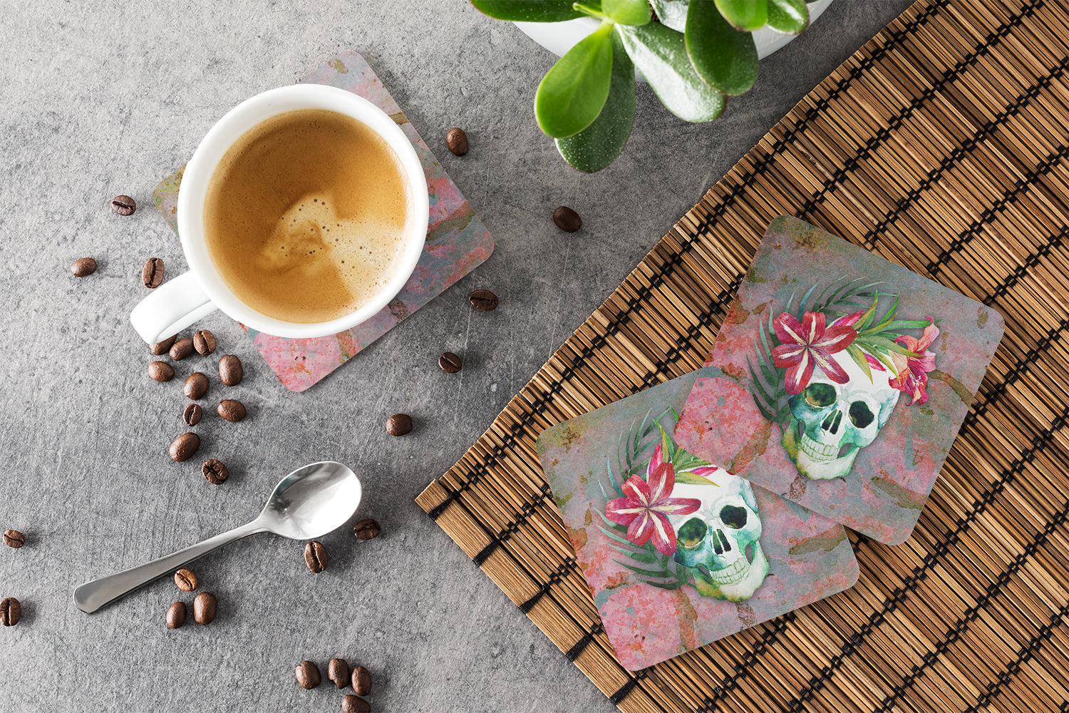 Day of the Dead Skull Flowers Foam Coasters Set of 4 Cup Coasters for Indoor Outdoor, Tabletop Protection, Anti Slip, Mouse pad Material