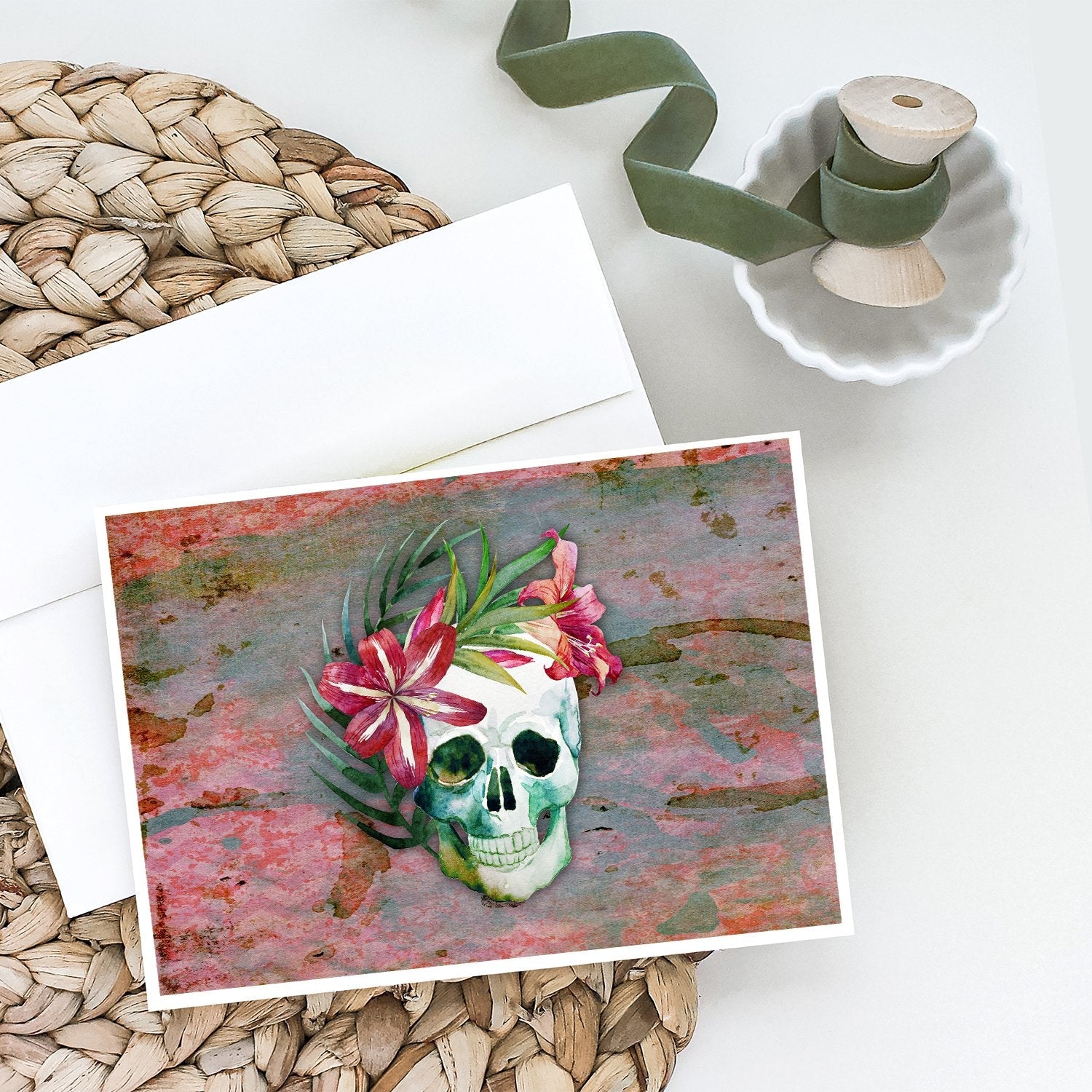 Day of the Dead Skull Flowers Greeting Cards Pack of 8 Blank Cards with Envelopes Whimsical A7 Size 5x7