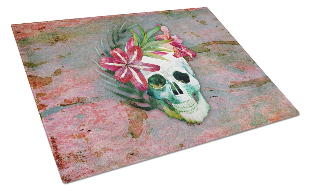 Day of the Dead Skull Flowers Cutting Board Tempered Glass Kitchen Cutting Surface, Heat Resistant Chopping, Non-Slip Feet, Food Prep & Serving