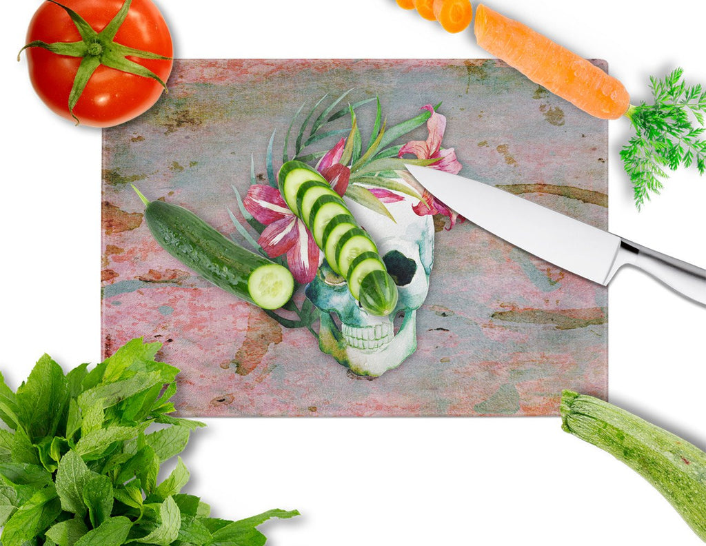 Day of the Dead Skull Flowers Cutting Board Tempered Glass Kitchen Cutting Surface, Heat Resistant Chopping, Non-Slip Feet, Food Prep & Serving