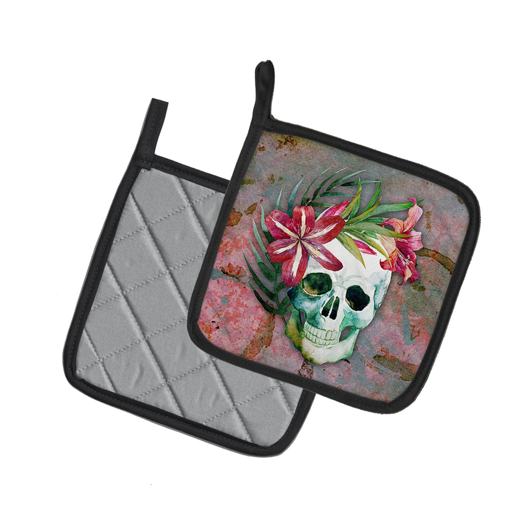 Day of the Dead Skull Flowers Pot Holder Set of 2 Heat Resistant Quilted Hot Pads 7.5 x 7.5 Inch, Insulated Kitchen Trivets for Cooking & Baking