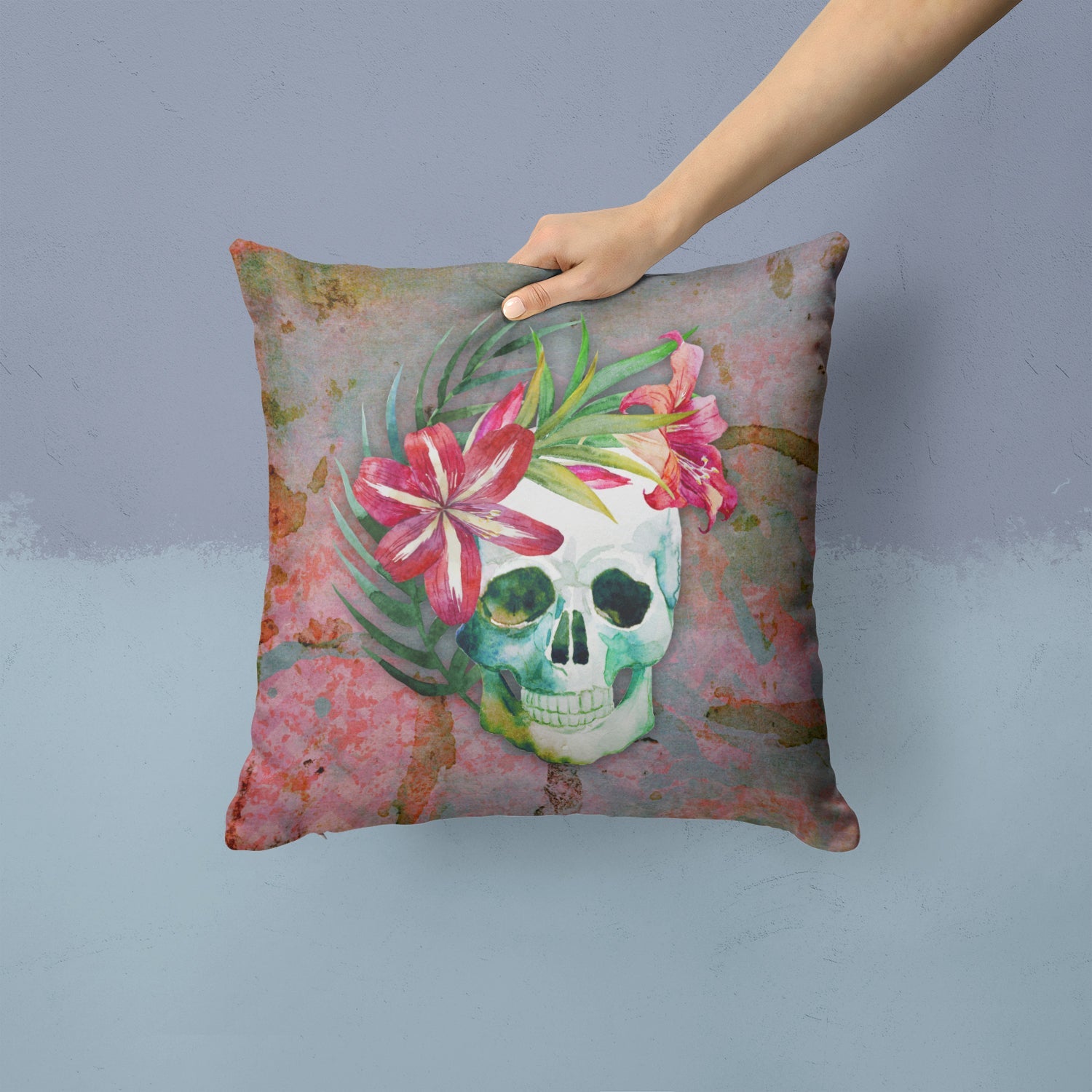 Day of the Dead Skull Flowers Decorative Throw Pillow 14x14 Indoor Outdoor Accent Cushion, Fabric Cover with Insert for Sofa, Bed, Porch & Living Room