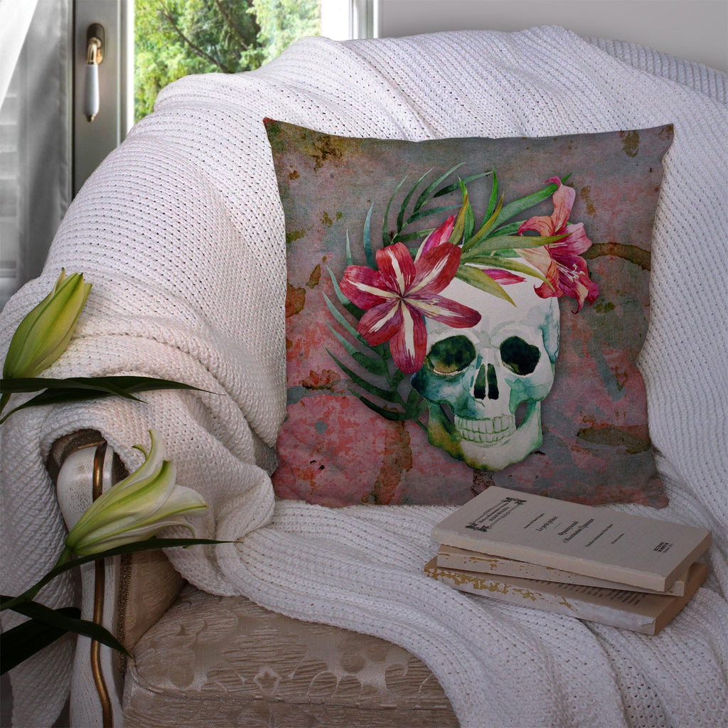 Day of the Dead Skull Flowers Decorative Throw Pillow 14x14 Indoor Outdoor Accent Cushion, Fabric Cover with Insert for Sofa, Bed, Porch & Living Room