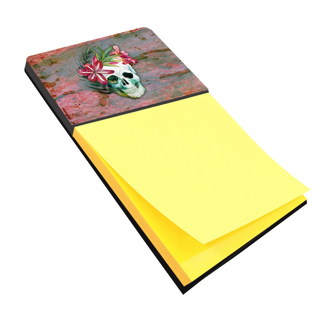 Day of the Dead Skull Flowers Watercolor Sticky Note Holder Refillable Dispenser Desk Accessory 3x3 Pad Gift