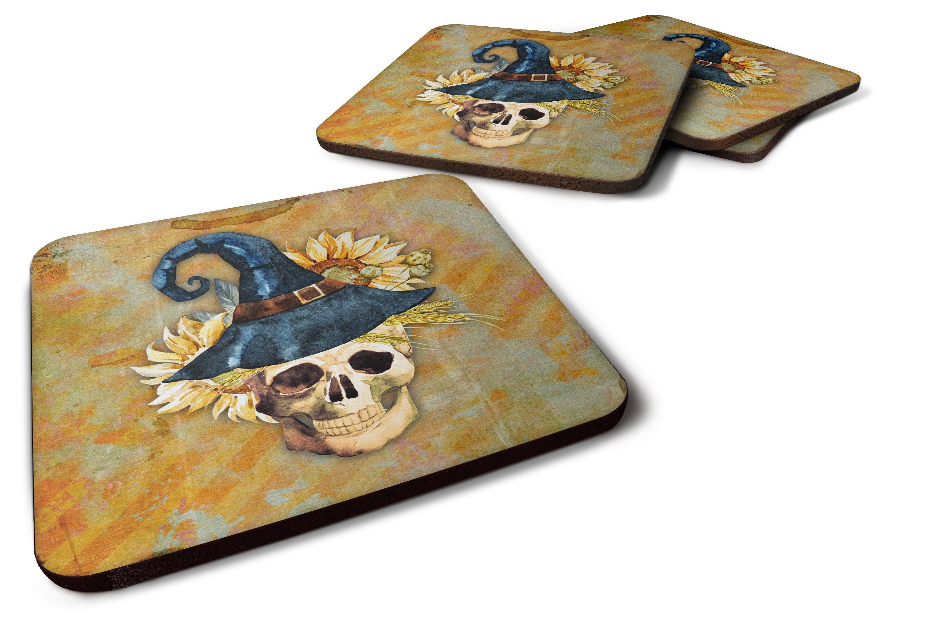 Day of the Dead Witch Skull  Foam Coasters Set of 4 Cup Coasters for Indoor Outdoor, Tabletop Protection, Anti Slip, Mouse pad Material