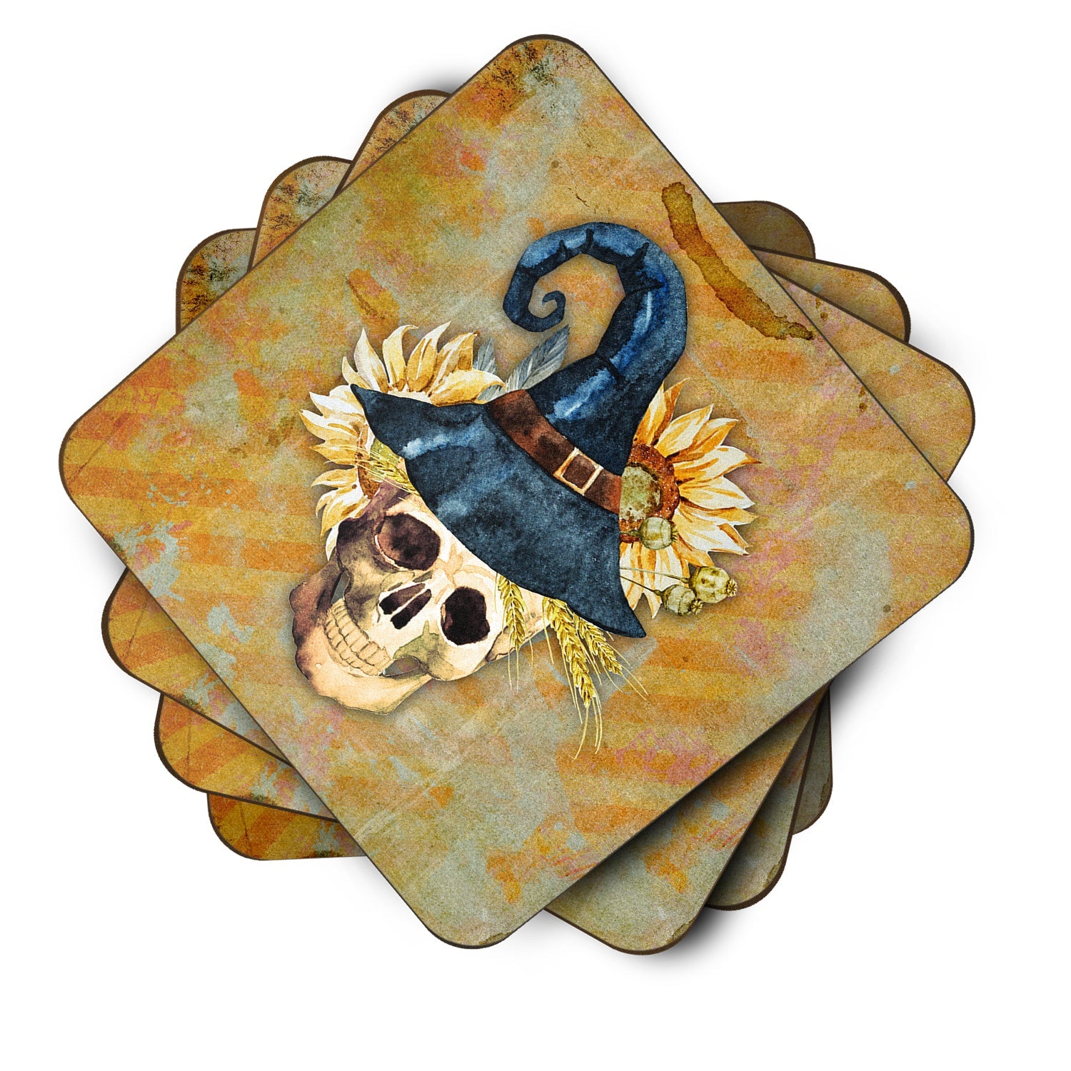 Day of the Dead Witch Skull  Foam Coasters Set of 4 Cup Coasters for Indoor Outdoor, Tabletop Protection, Anti Slip, Mouse pad Material