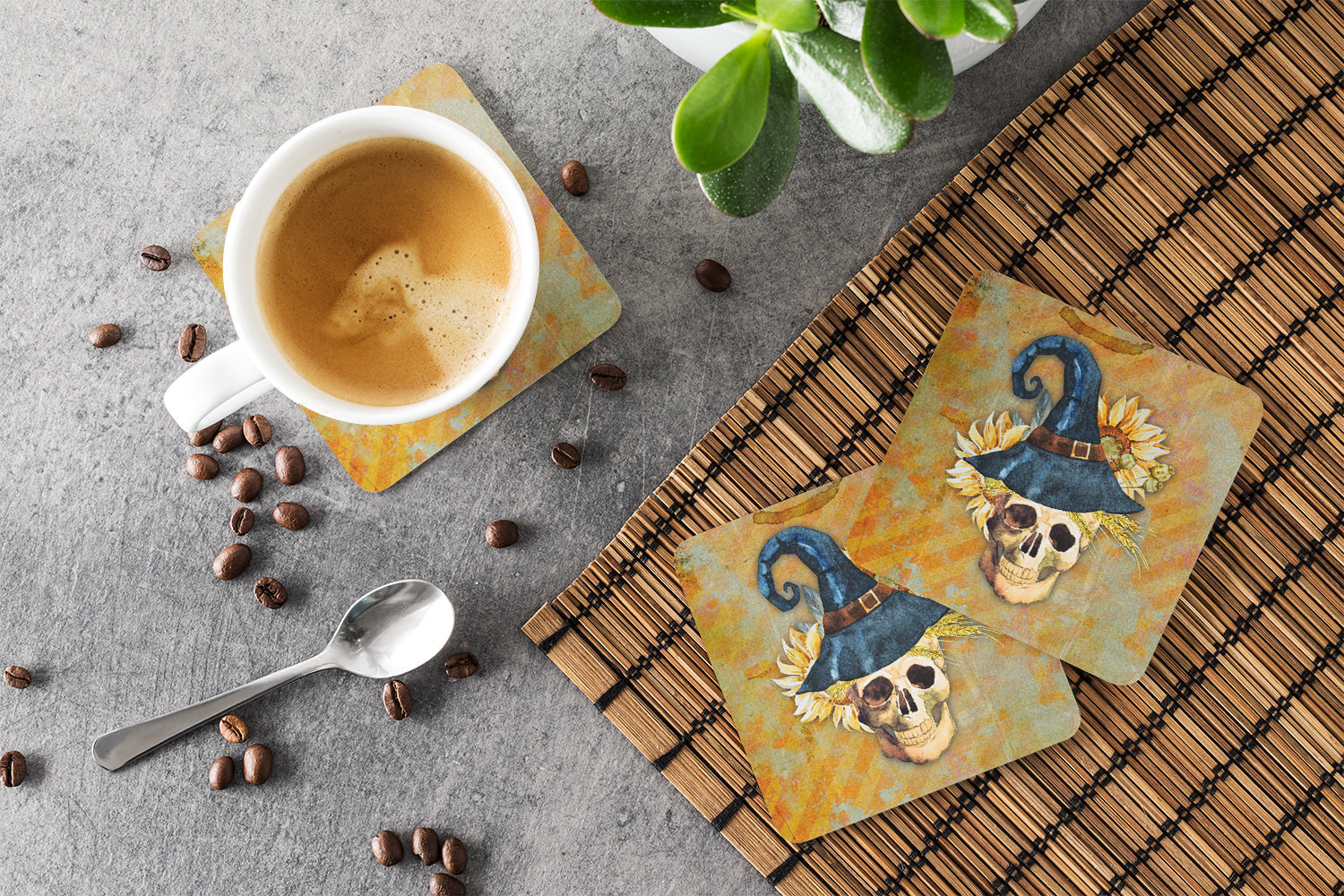 Day of the Dead Witch Skull  Foam Coasters Set of 4 Cup Coasters for Indoor Outdoor, Tabletop Protection, Anti Slip, Mouse pad Material