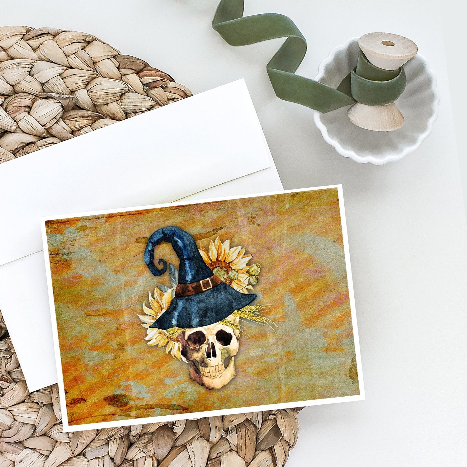 Day of the Dead Witch Skull  Greeting Cards Pack of 8 Blank Cards with Envelopes Whimsical A7 Size 5x7