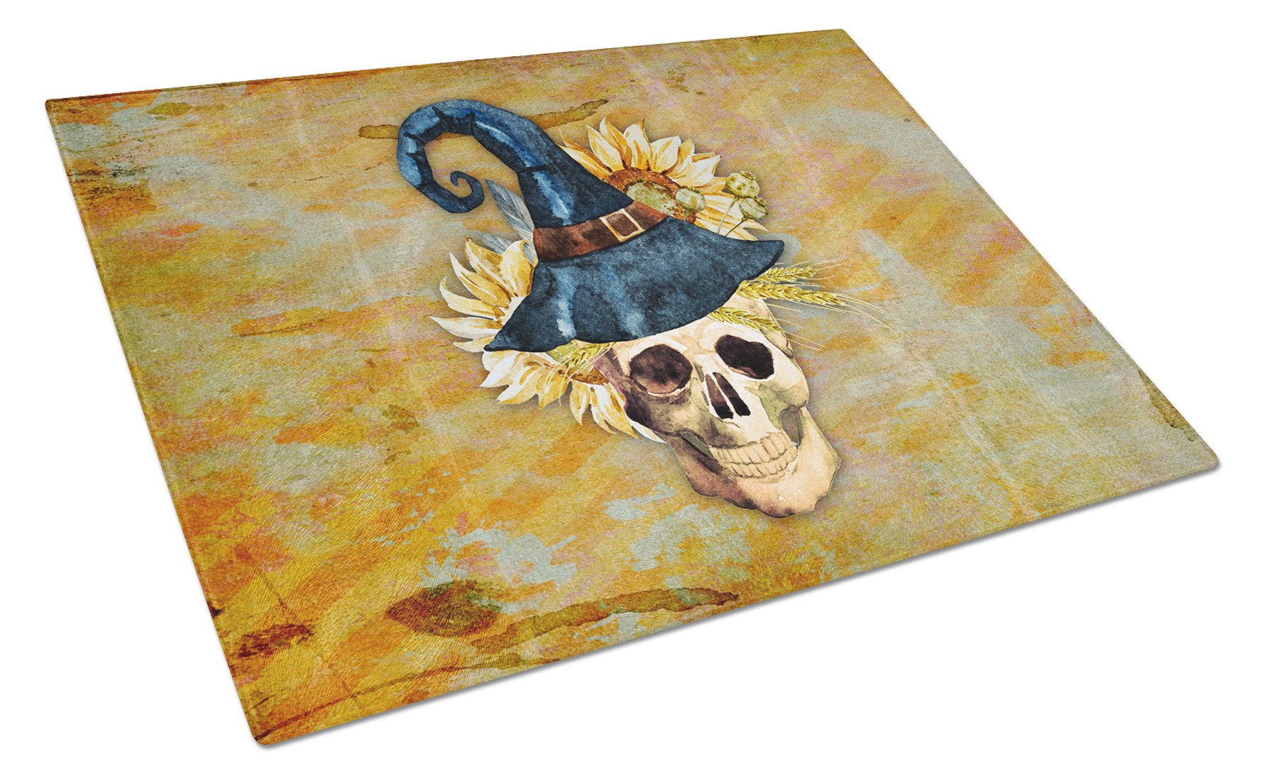 Day of the Dead Witch Skull  Cutting Board Tempered Glass Kitchen Cutting Surface, Heat Resistant Chopping, Non-Slip Feet, Food Prep & Serving