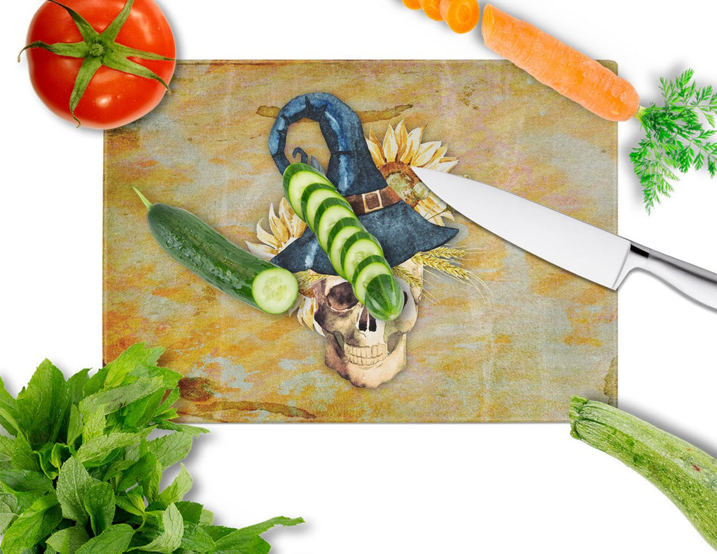 Day of the Dead Witch Skull  Cutting Board Tempered Glass Kitchen Cutting Surface, Heat Resistant Chopping, Non-Slip Feet, Food Prep & Serving