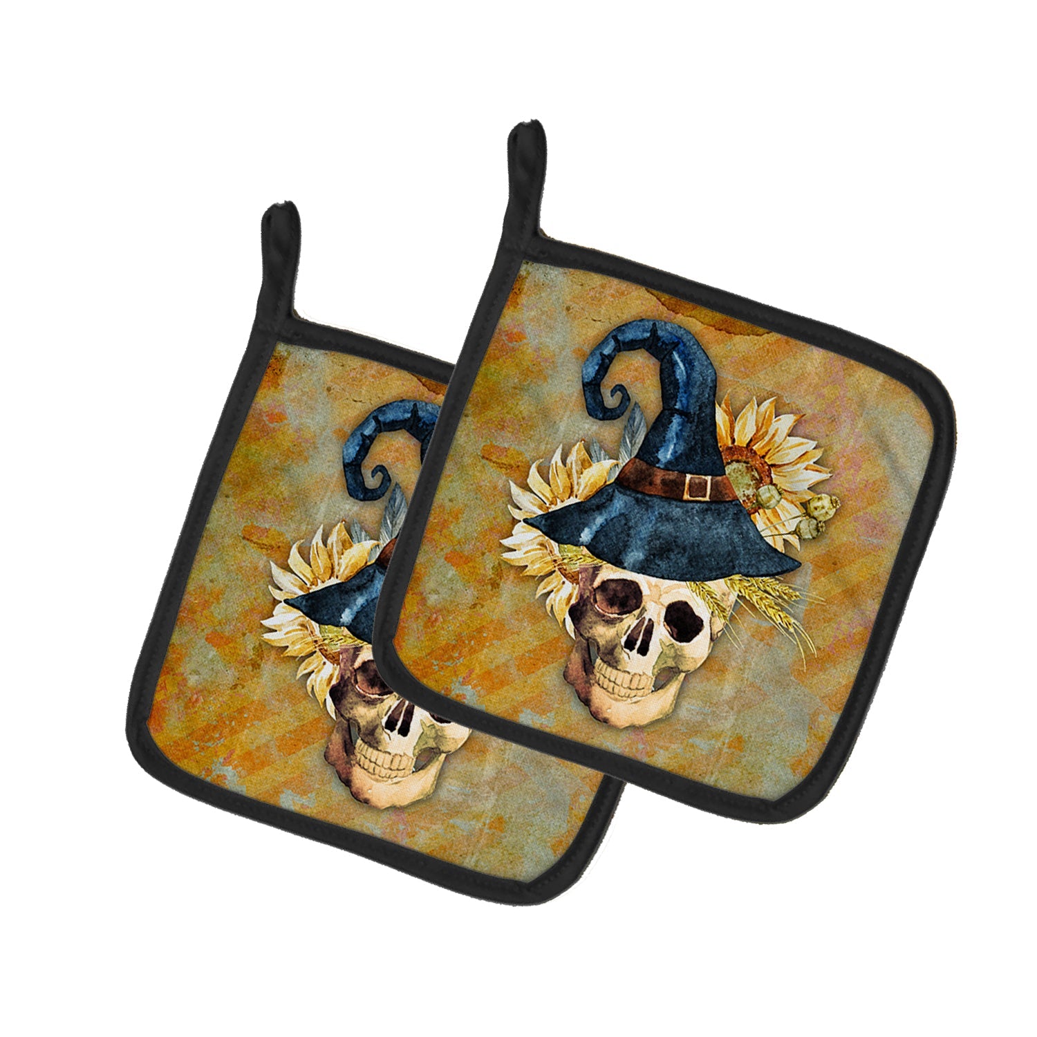 Day of the Dead Witch Skull  Pot Holder Set of 2 Heat Resistant Quilted Hot Pads 7.5 x 7.5 Inch, Insulated Kitchen Trivets for Cooking & Baking