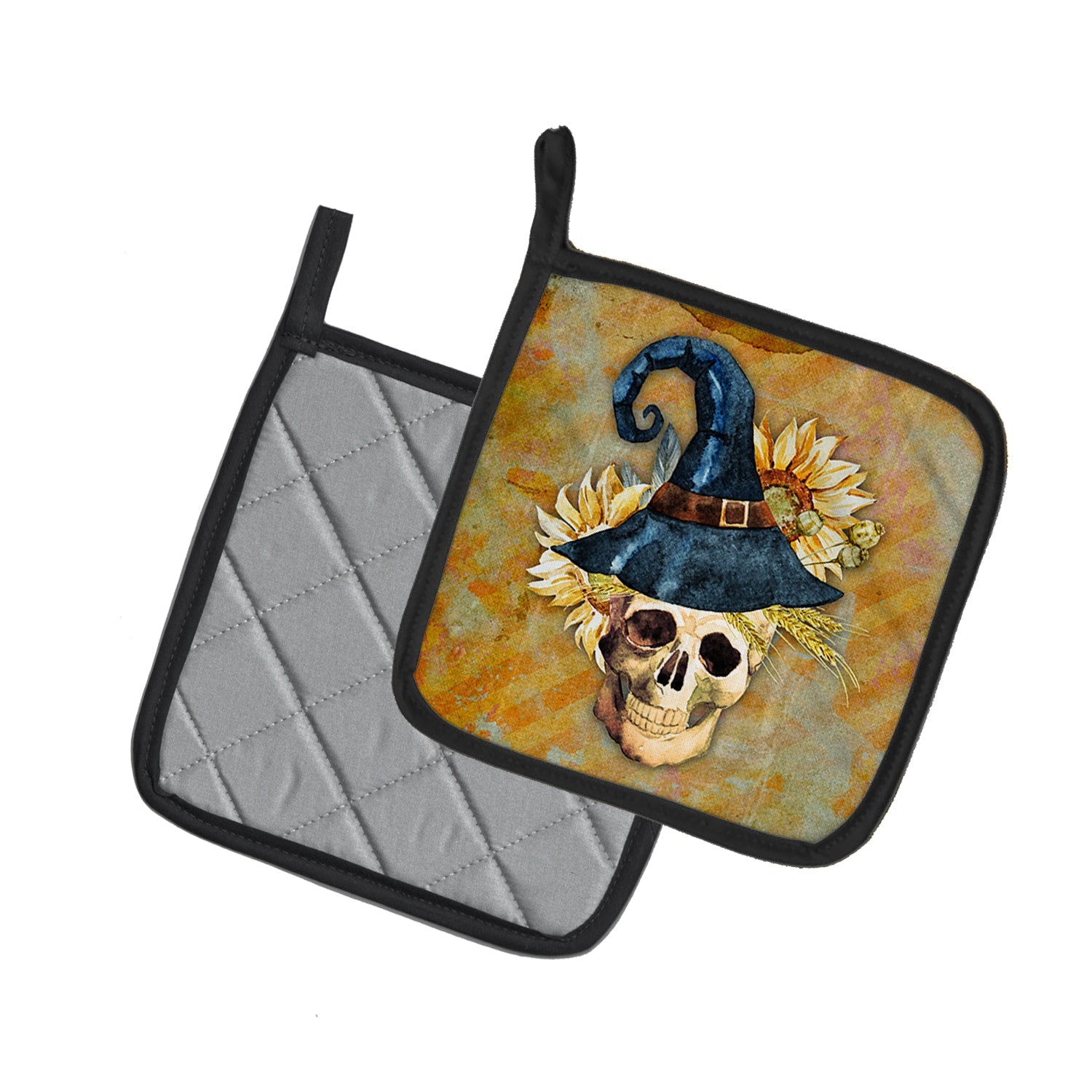 Day of the Dead Witch Skull  Pot Holder Set of 2 Heat Resistant Quilted Hot Pads 7.5 x 7.5 Inch, Insulated Kitchen Trivets for Cooking & Baking