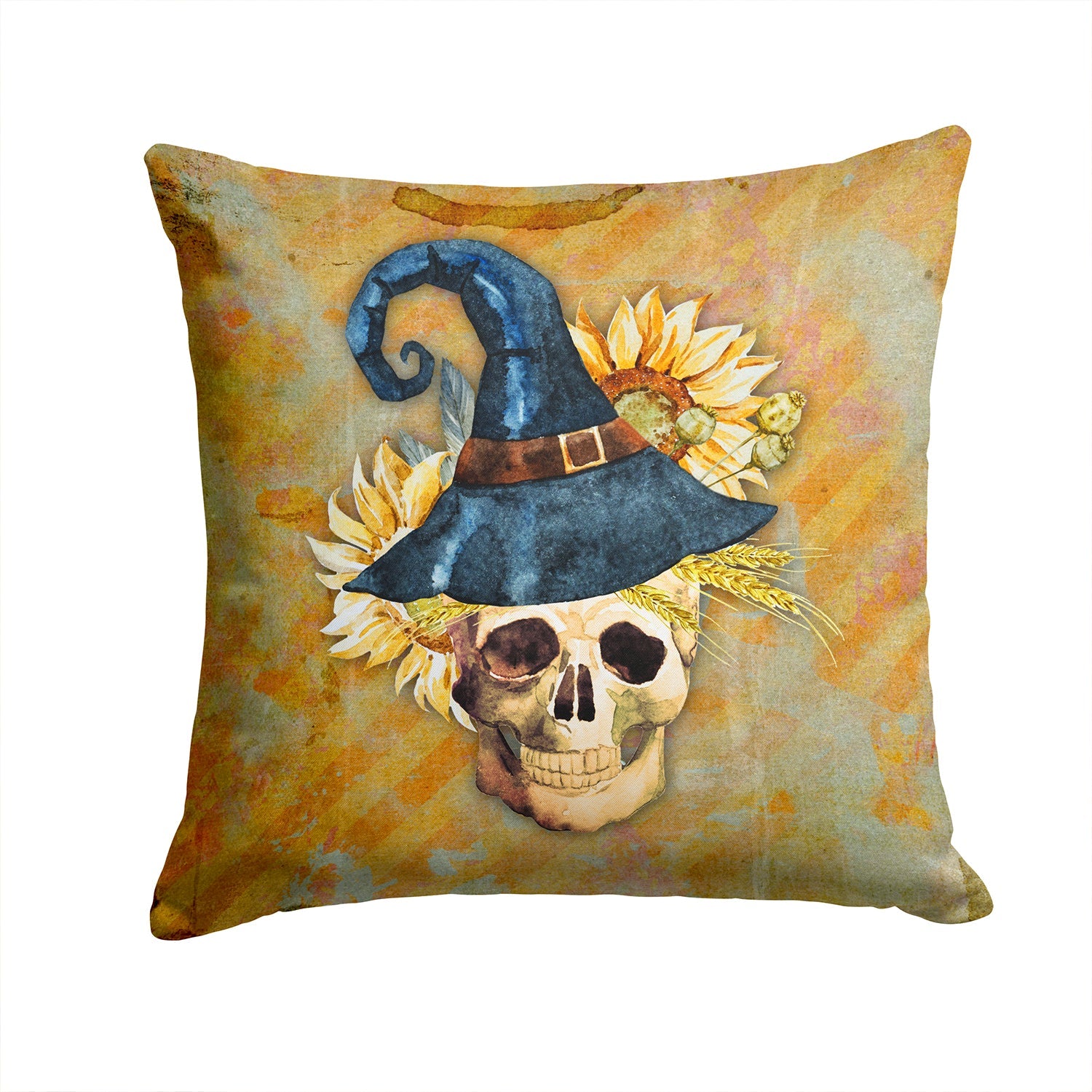 Day of the Dead Witch Skull  Decorative Throw Pillow 14x14 Indoor Outdoor Accent Cushion, Fabric Cover with Insert for Sofa, Bed, Porch & Living Room