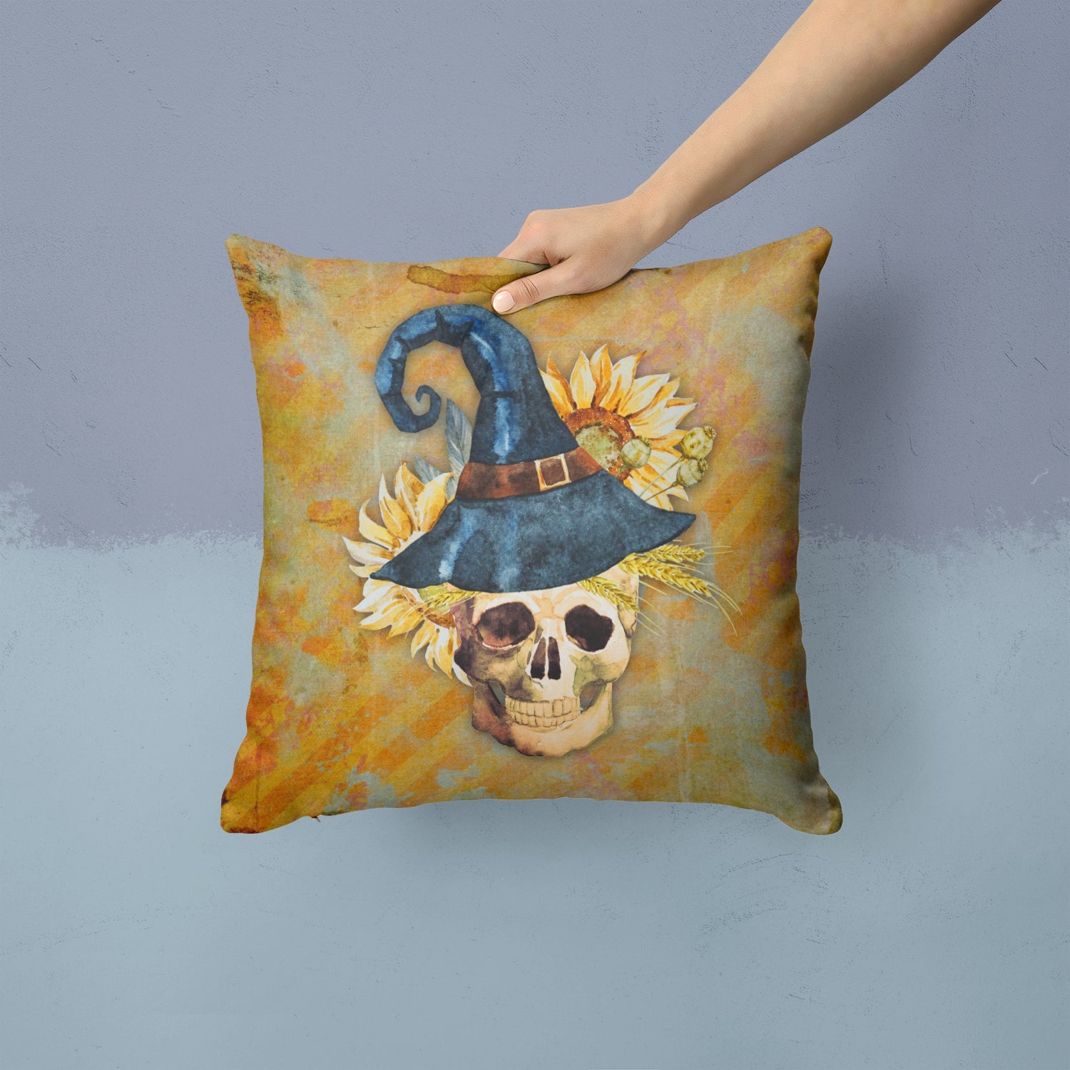 Day of the Dead Witch Skull  Decorative Throw Pillow 14x14 Indoor Outdoor Accent Cushion, Fabric Cover with Insert for Sofa, Bed, Porch & Living Room
