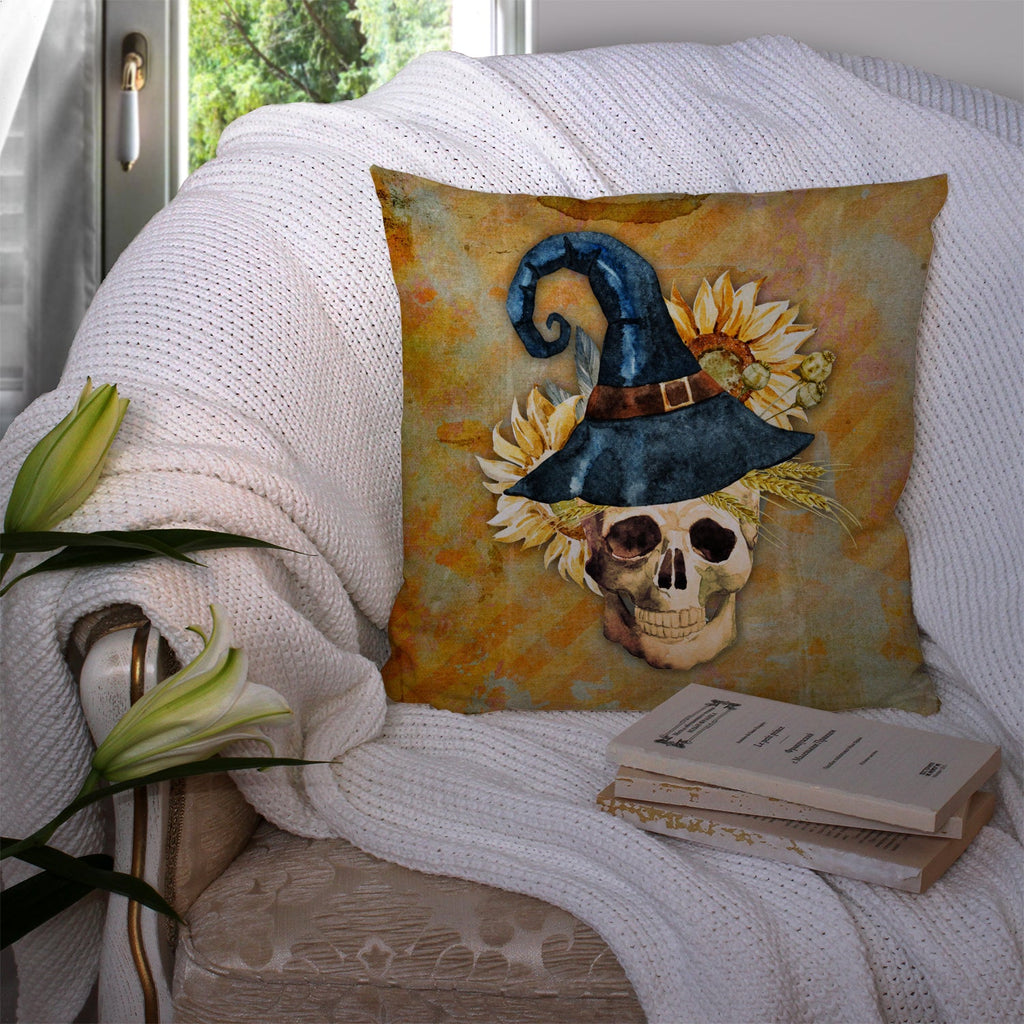 Day of the Dead Witch Skull  Decorative Throw Pillow 14x14 Indoor Outdoor Accent Cushion, Fabric Cover with Insert for Sofa, Bed, Porch & Living Room