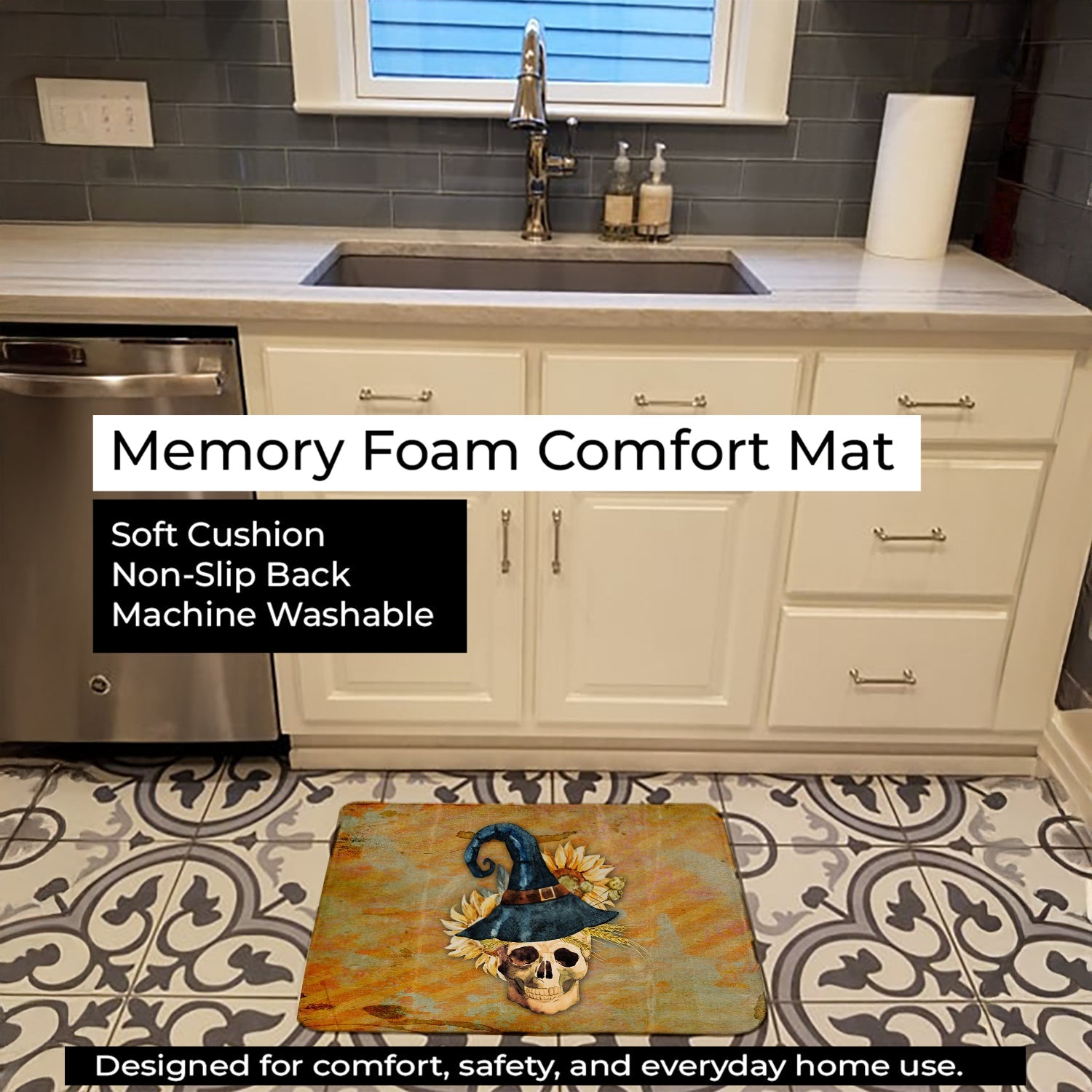 Day of the Dead Witch Skull  Memory Foam Kitchen Mat Machine Washable Anti-Fatigue Cushion Comfort Bath or Kitchen Rug