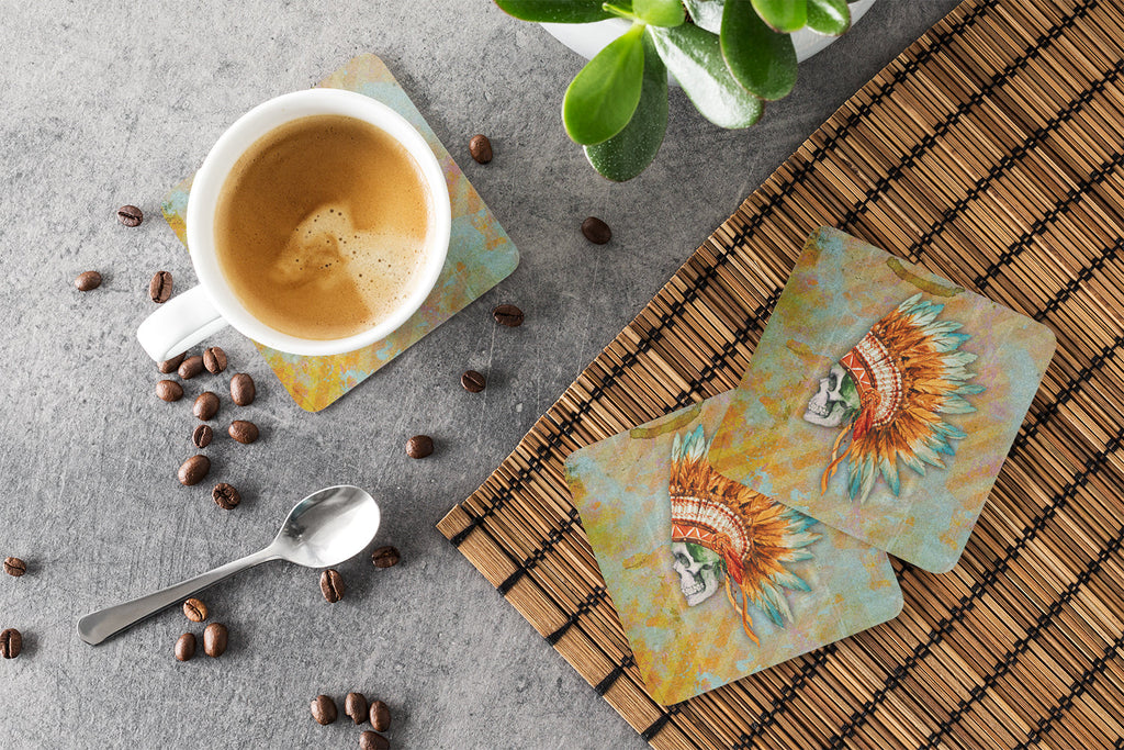 Day of the Dead Indian Skull  Foam Coasters Set of 4 Cup Coasters for Indoor Outdoor, Tabletop Protection, Anti Slip, Mouse pad Material