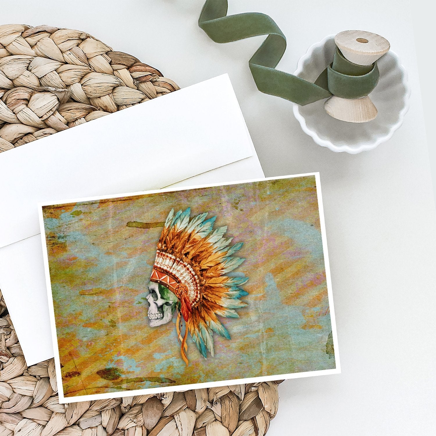 Day of the Dead Indian Skull  Greeting Cards Pack of 8 Blank Cards with Envelopes Whimsical A7 Size 5x7