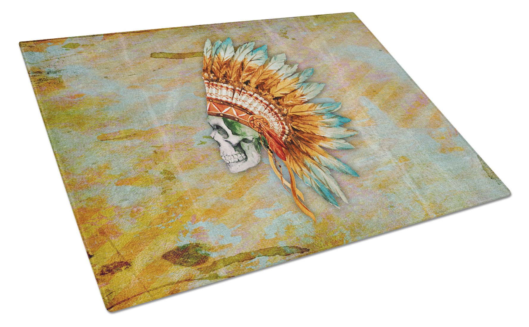 Day of the Dead Indian Skull  Cutting Board Tempered Glass Kitchen Cutting Surface, Heat Resistant Chopping, Non-Slip Feet, Food Prep & Serving
