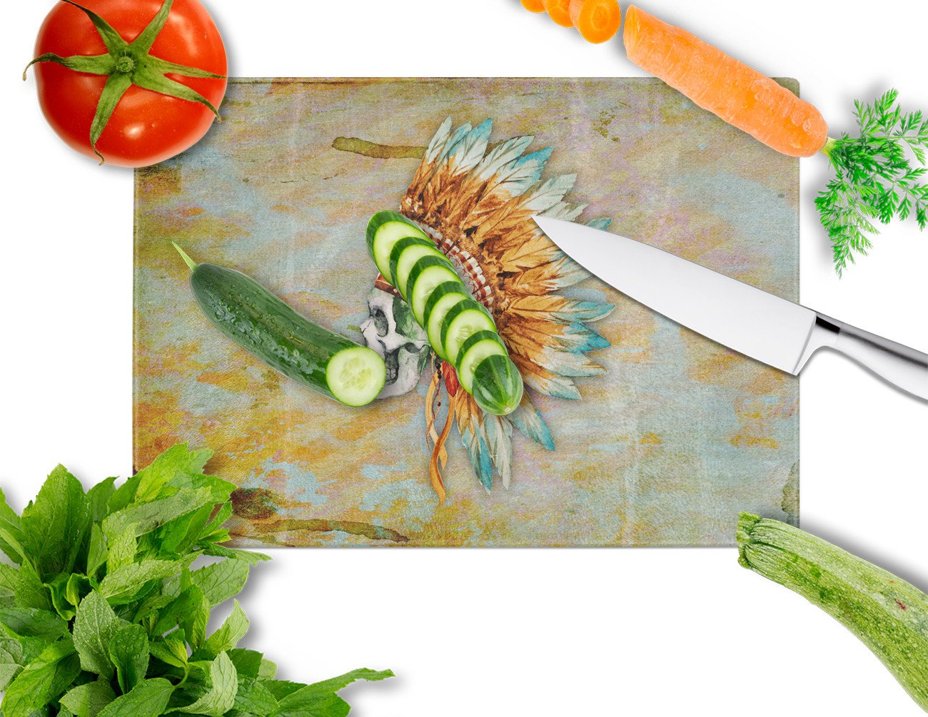 Day of the Dead Indian Skull  Cutting Board Tempered Glass Kitchen Cutting Surface, Heat Resistant Chopping, Non-Slip Feet, Food Prep & Serving