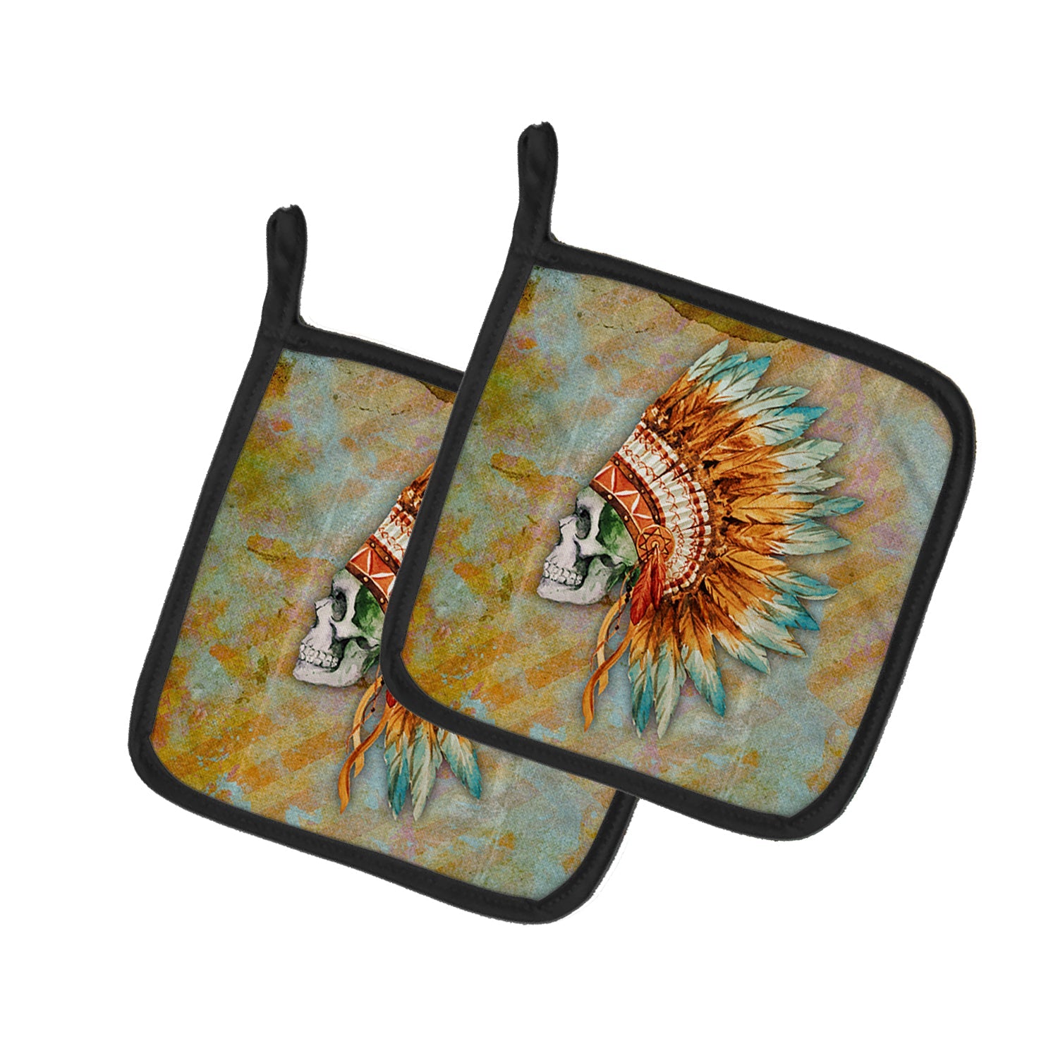 Day of the Dead Indian Skull  Pot Holder Set of 2 Heat Resistant Quilted Hot Pads 7.5 x 7.5 Inch, Insulated Kitchen Trivets for Cooking & Baking