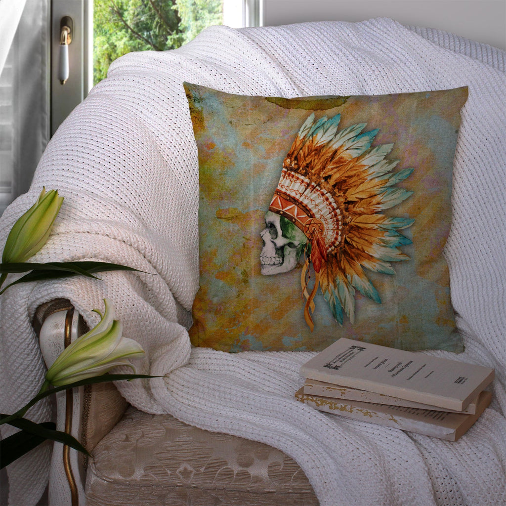 Day of the Dead Indian Skull  Decorative Throw Pillow 14x14 Indoor Outdoor Accent Cushion, Fabric Cover with Insert for Sofa, Bed, Porch & Living Room