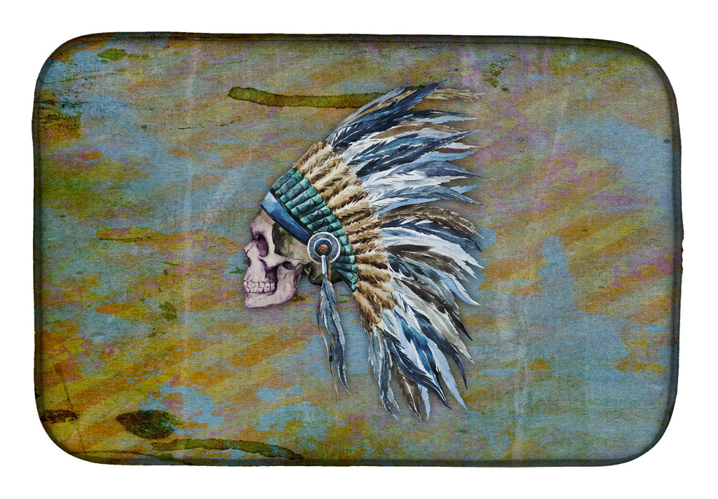 Day of the Dead Indian Chief Skull  Dish Drying Mat Absorbent Dish Drying Mat Pad for Kitchen Counter Dish Drainer Mat for Countertop, 14 x 21", Multicolor