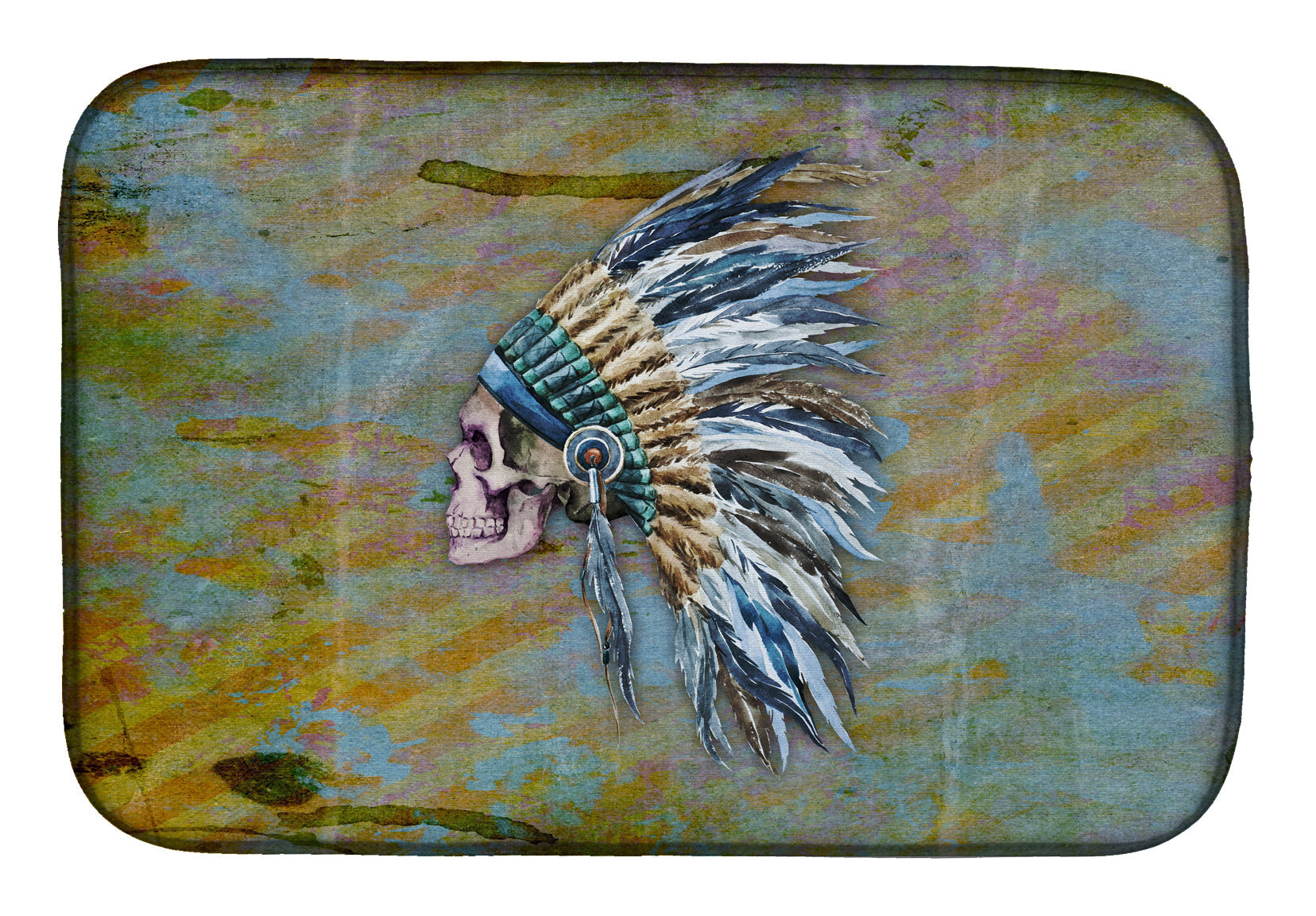 Day of the Dead Indian Chief Skull  Dish Drying Mat Absorbent Dish Drying Mat Pad for Kitchen Counter Dish Drainer Mat for Countertop, 14 x 21", Multicolor